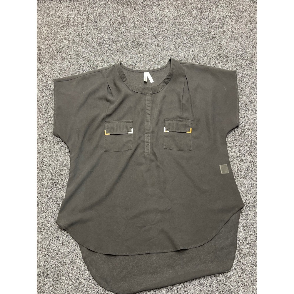 Live 4 Truth Womens XL Black Short Sleeve High Low Blouse Gold Hardware Accent